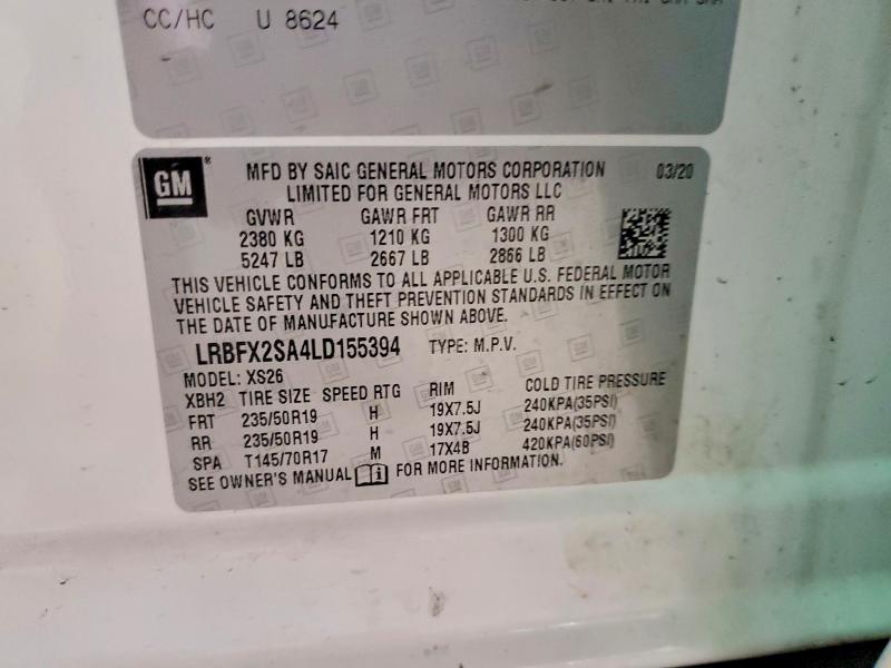 Aukcja sprzedaży 2020 Buick Envision, vin: LRBFX2SA4LD155394, numer aukcji: 48796646