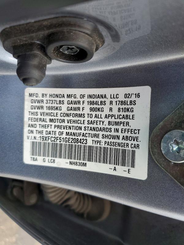 2016 Honda Civic მანქანა იყიდება აუქციონზე, vin: 19XFC2F51GE208423, აუქციონის ნომერი: 51353236