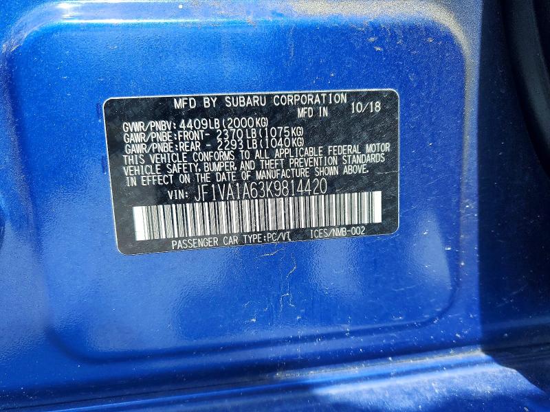 Aukcja sprzedaży 2019 Subaru Wrx, vin: JF1VA1A63K9814420, numer aukcji: 50548466