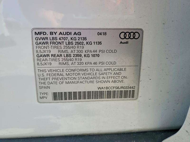 51585176 :رقم المزاد ، WA1BCCFS6JR033442 vin ، 2018 Audi Q3 مزاد بيع