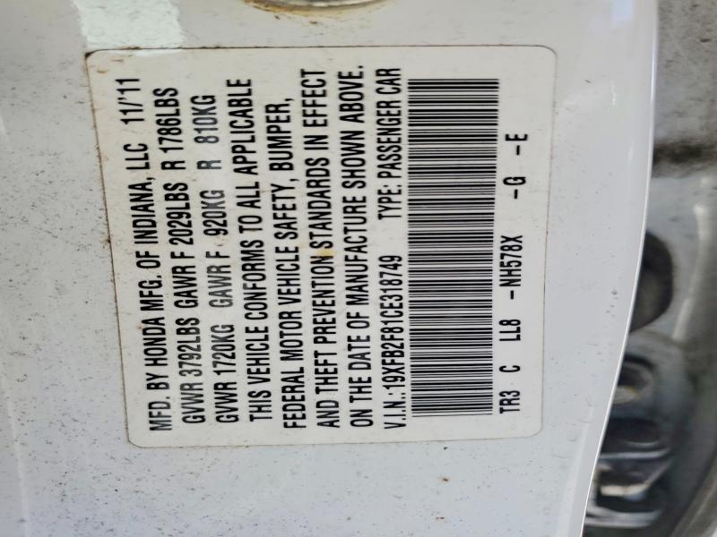 51003016 :رقم المزاد ، 19XFB2F81CE318749 vin ، 2012 Honda Civic مزاد بيع