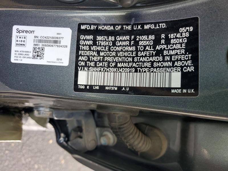 Aukcja sprzedaży 2019 Honda Civic, vin: SHHFK7H39KU420919, numer aukcji: 50949576