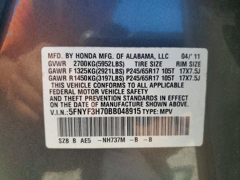 Продажа на аукционе авто 2011 Honda Pilot, vin: 5FNYF3H70BB048915, номер лота: 48830246