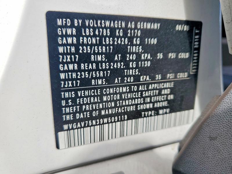 Aukcja sprzedaży 2009 Volkswagen Tiguan, vin: WVGAV75N39W509119, numer aukcji: 50195546