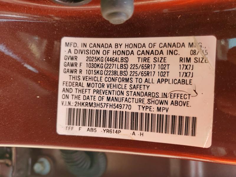 2015 Honda Cr-v მანქანა იყიდება აუქციონზე, vin: 2HKRM3H57FH549770, აუქციონის ნომერი: 50776856