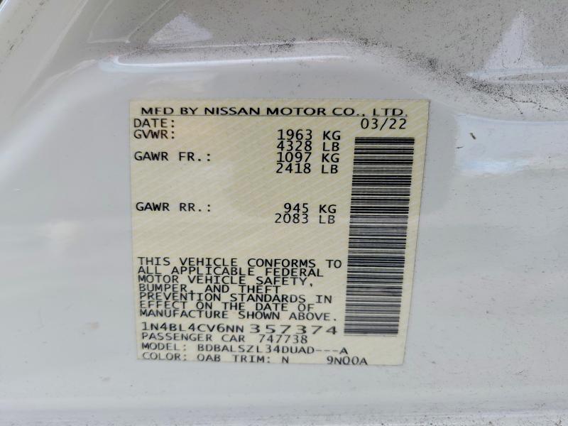 Продажа на аукционе авто 2022 Nissan Altima, vin: 1N4BL4CV6NN357374, номер лота: 50116406