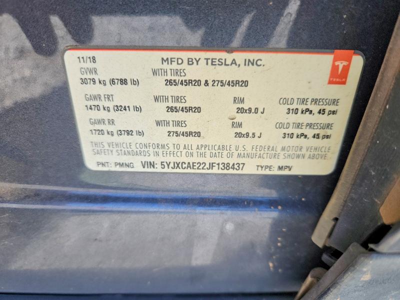 50370076 :رقم المزاد ، 5YJXCAE22JF138437 vin ، 2018 Tesla Model X مزاد بيع