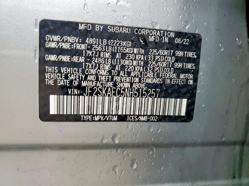 Aukcja sprzedaży 2022 Subaru Forester, vin: JF2SKAEC5NH515257, numer aukcji: 49798206