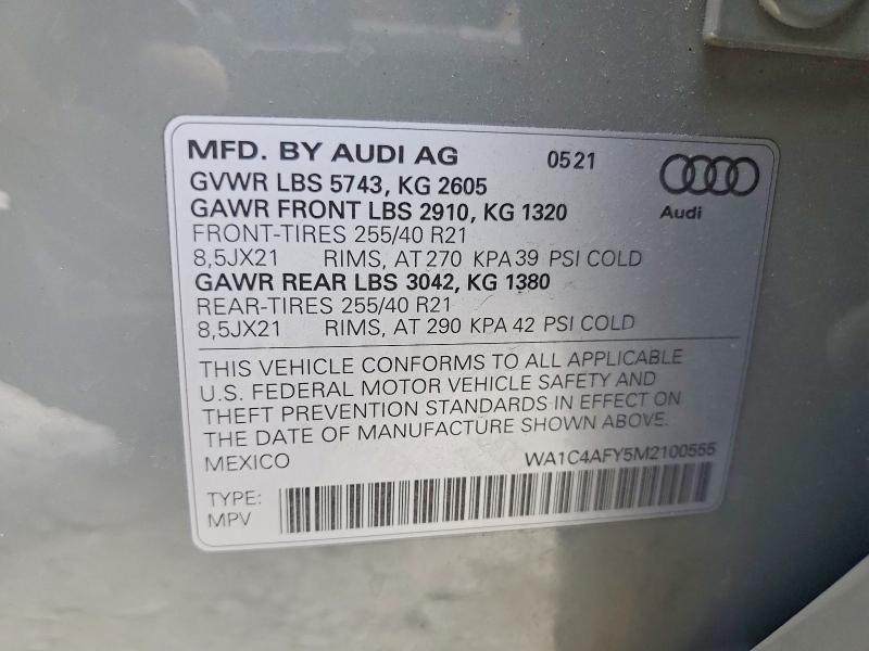 2021 Audi Sq5 მანქანა იყიდება აუქციონზე, vin: WA1C4AFY5M2100555, აუქციონის ნომერი: 50564226