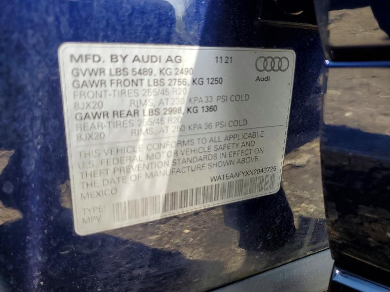 2022 Audi Q5 მანქანა იყიდება აუქციონზე, vin: WA1EAAFYXN2043725, აუქციონის ნომერი: 49048186