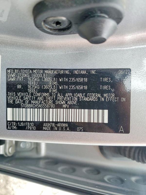 Aukcja sprzedaży 2022 Toyota Highlander, vin: 5TDBBRCH5NS558780, numer aukcji: 50601896