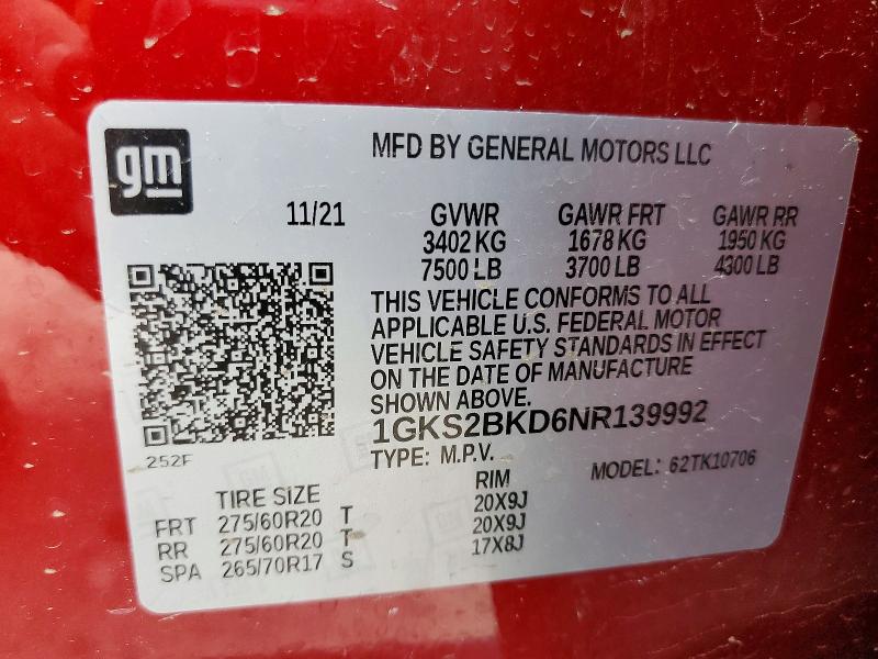 2022 Gmc Yukon მანქანა იყიდება აუქციონზე, vin: 1GKS2BKD6NR139992, აუქციონის ნომერი: 48692346