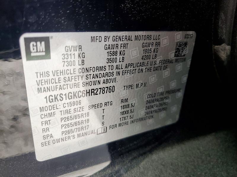 47659696 :رقم المزاد ، 1GKS1GKC6HR278760 vin ، 2017 Gmc Yukon Xl مزاد بيع