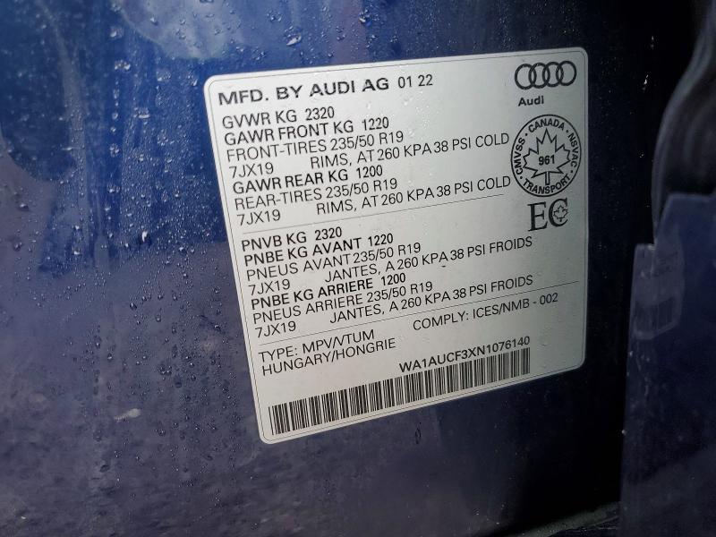 49708566 :رقم المزاد ، WA1AUCF3XN1076140 vin ، 2022 Audi Q3 مزاد بيع