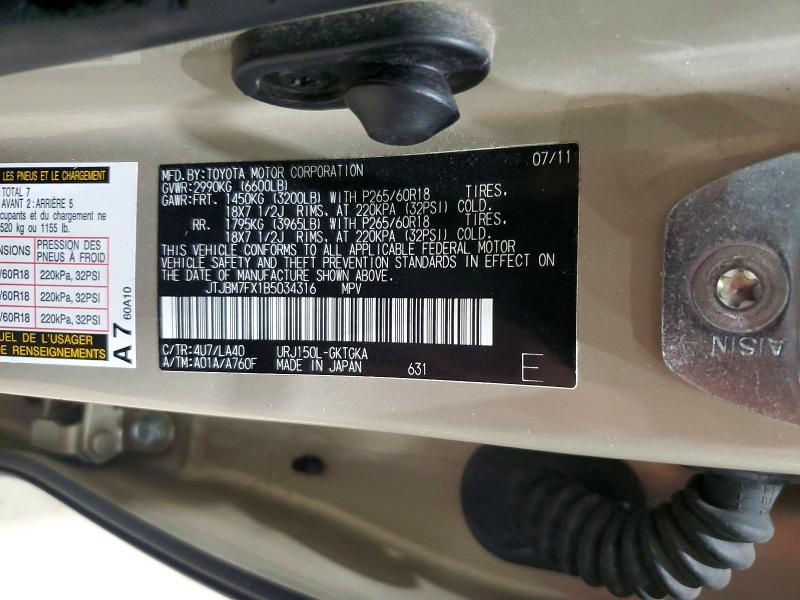 Auction sale of the 2011 Lexus Gx, vin: JTJBM7FX1B5034316, lot number: 51773276