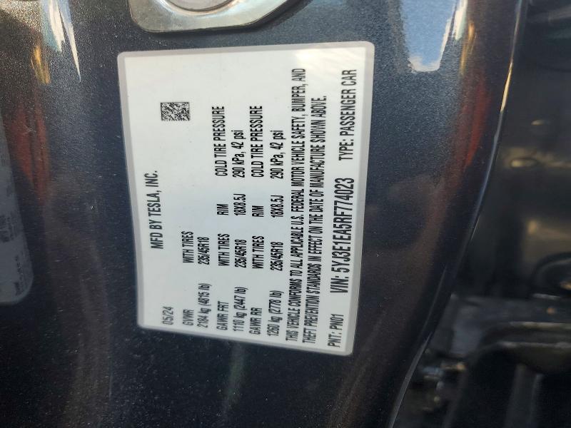 2024 Tesla Model 3 მანქანა იყიდება აუქციონზე, vin: 5YJ3E1EA5RF774023, აუქციონის ნომერი: 50102316