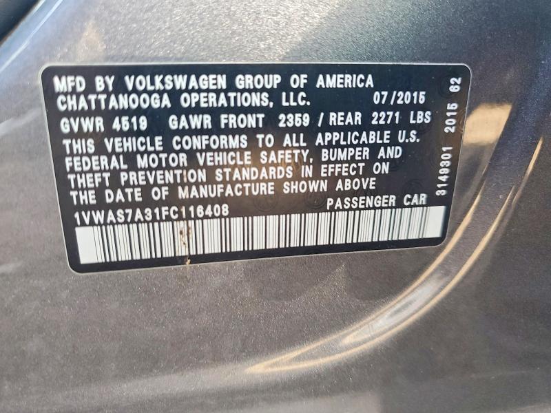 2015 Volkswagen Passat მანქანა იყიდება აუქციონზე, vin: 1VWAS7A31FC116408, აუქციონის ნომერი: 48738806