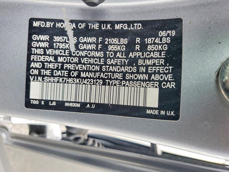 Продажа на аукционе авто 2019 Honda Civic, vin: SHHFK7H63KU423129, номер лота: 51376836