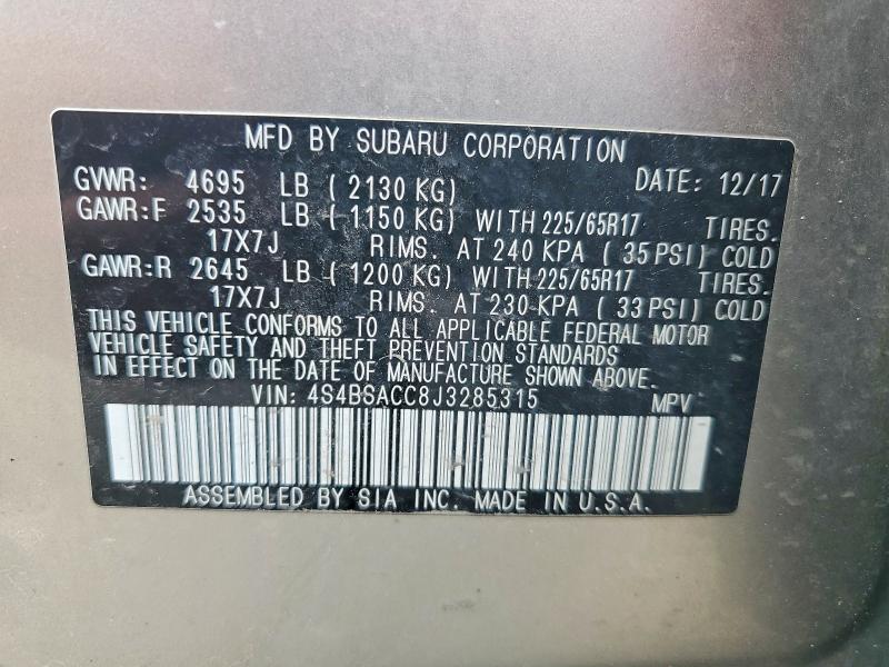 51862436 :رقم المزاد ، 4S4BSACC8J3285315 vin ، 2018 Subaru Outback مزاد بيع