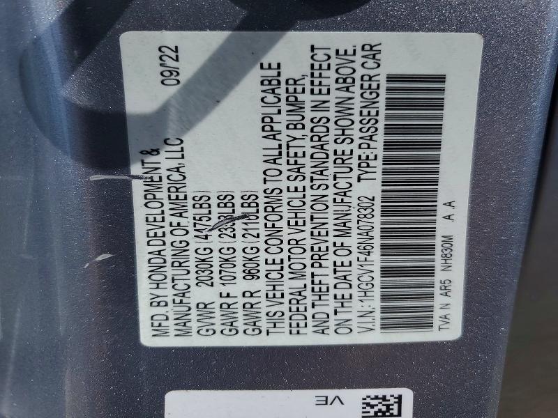 2022 Honda Accord მანქანა იყიდება აუქციონზე, vin: 1HGCV1F46NA078302, აუქციონის ნომერი: 50761866