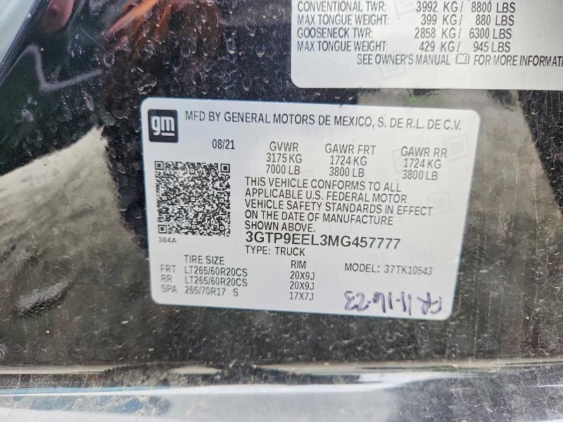 Aukcja sprzedaży 2021 Gmc Sierra, vin: 3GTP9EEL3MG457777, numer aukcji: 50982696