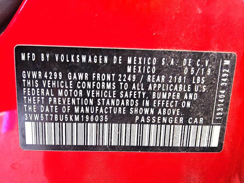 48253896 :رقم المزاد ، 3VW5T7BU5KM196035 vin ، 2019 Volkswagen Jetta مزاد بيع