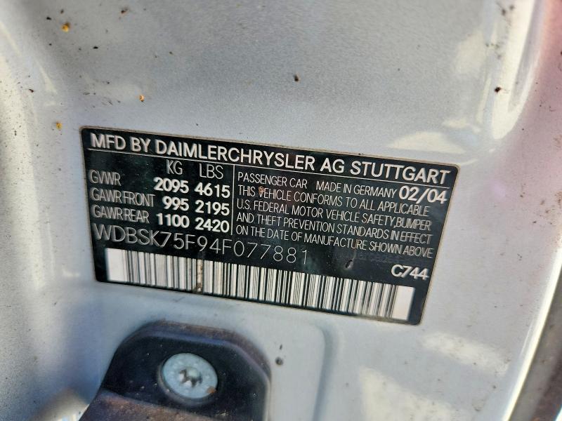 49519976 :رقم المزاد ، WDBSK75F94F077881 vin ، 2004 Mercedes-benz Sl-class مزاد بيع