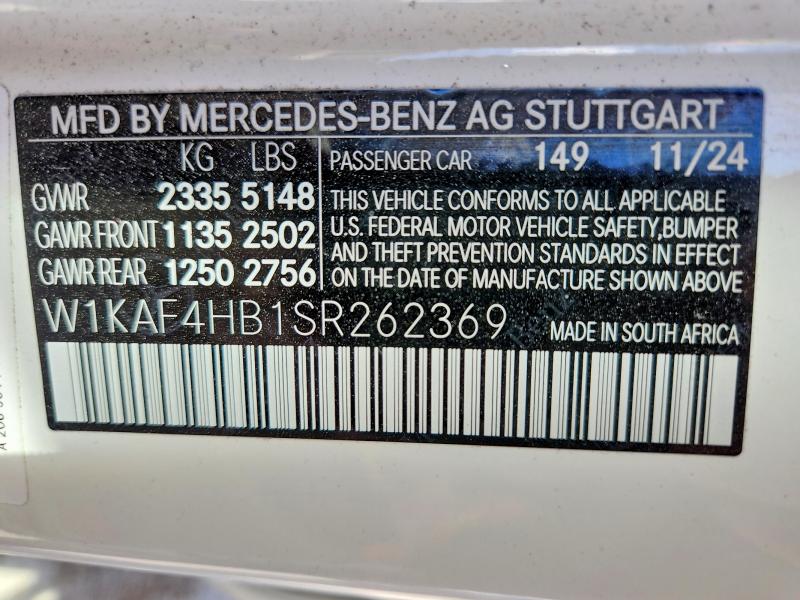 2025 Mercedes-benz C მანქანა იყიდება აუქციონზე, vin: W1KAF4HB1SR262369, აუქციონის ნომერი: 48796386