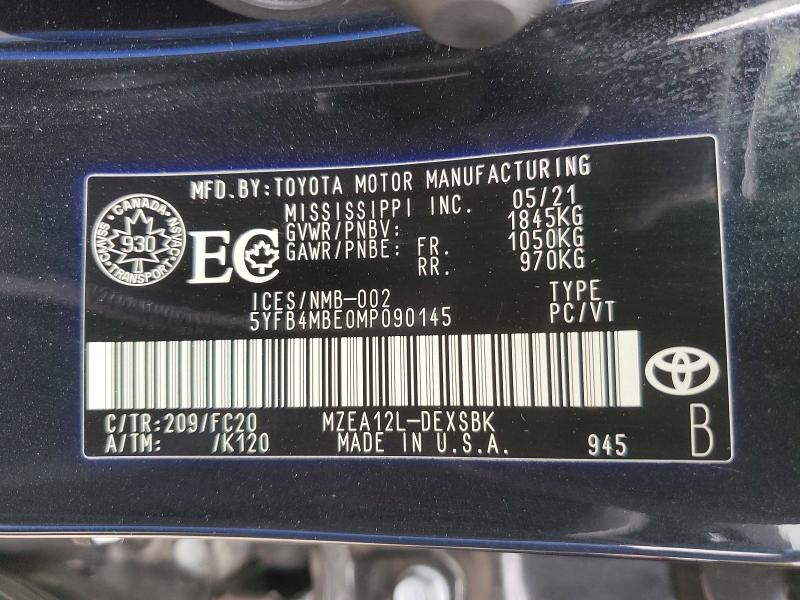 Aukcja sprzedaży 2021 Toyota Corolla, vin: 5YFB4MBE0MP090145, numer aukcji: 51876356