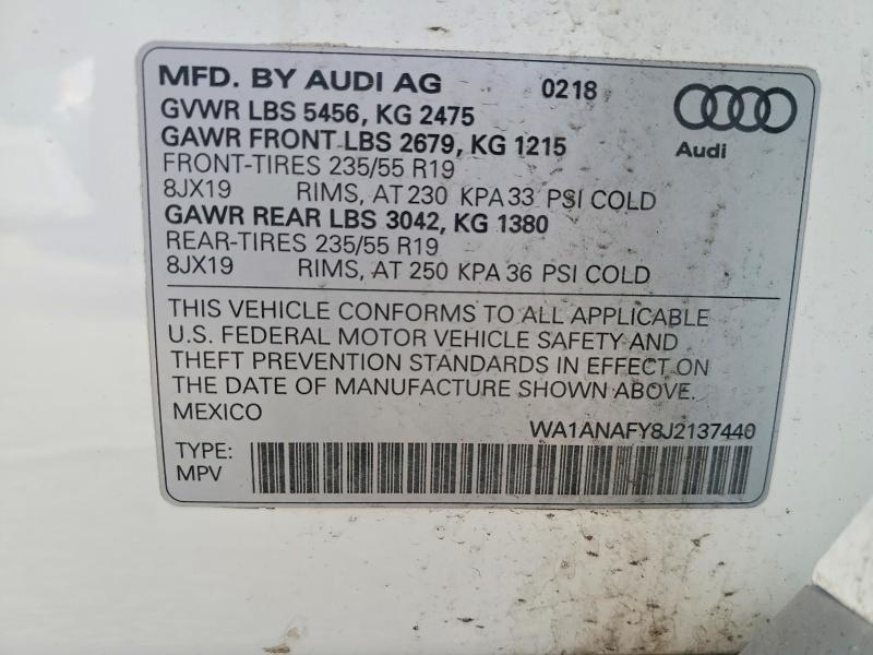 Продаж на аукціоні авто 2018 Audi Q5, vin: WA1ANAFY8J2137440, номер лоту: 49294676