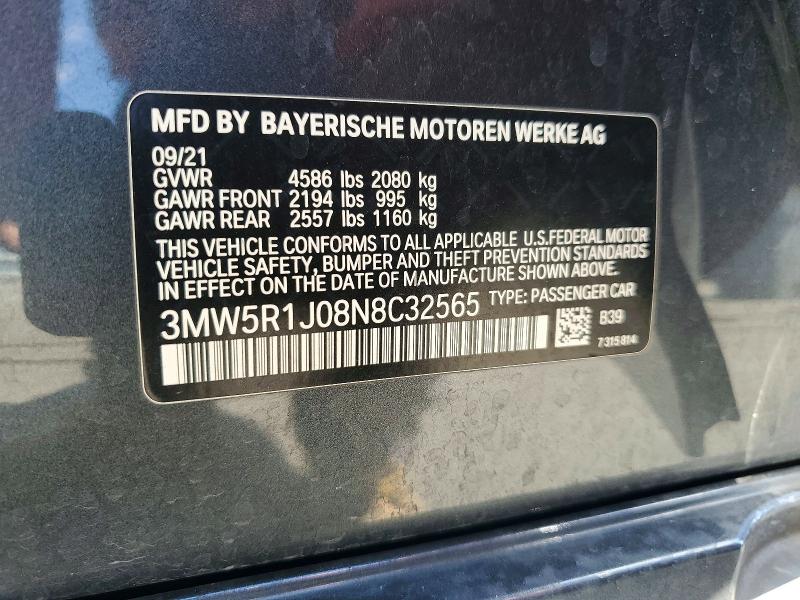 50004196 :رقم المزاد ، 3MW5R1J08N8C32565 vin ، 2022 Bmw 330i مزاد بيع