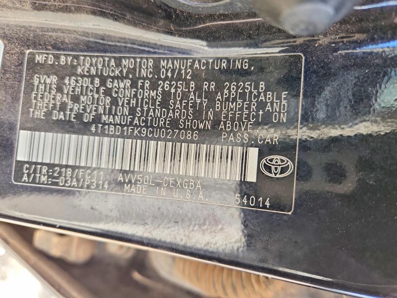 2012 Toyota Camry Hybrid მანქანა იყიდება აუქციონზე, vin: 4T1BD1FK9CU027086, აუქციონის ნომერი: 49737906