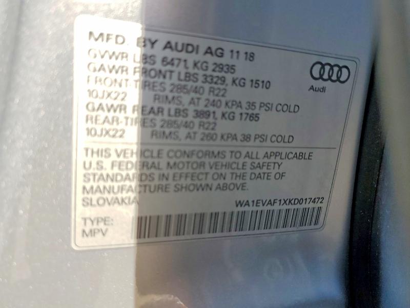 Продажа на аукционе авто 2019 Audi Q8, vin: WA1EVAF1XKD017472, номер лота: 51016046