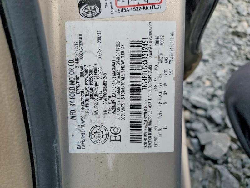 50131036 :رقم المزاد ، 3FAHP0CG8AR212451 vin ، 2010 Ford Fusion Sel V6 4dr Awd مزاد بيع