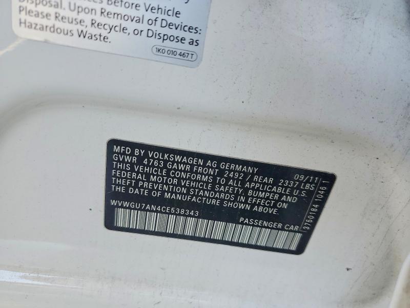 Aukcja sprzedaży 2012 Volkswagen Cc, vin: WVWGU7AN4CE538343, numer aukcji: 51947756