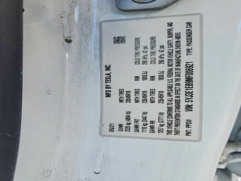 2021 Tesla Model 3 მანქანა იყიდება აუქციონზე, vin: 5YJ3E1EB9MF006921, აუქციონის ნომერი: 49463376