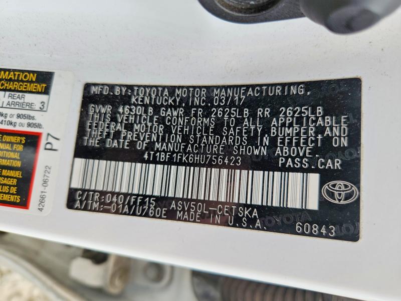 2017 Toyota Camry მანქანა იყიდება აუქციონზე, vin: 4T1BF1FK6HU756423, აუქციონის ნომერი: 51204946