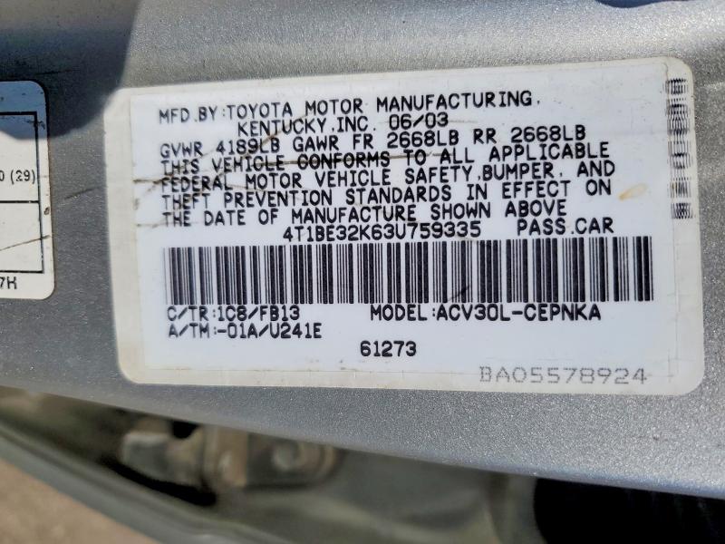 Продаж на аукціоні авто 2003 Toyota Camry, vin: 4T1BE32K63U759335, номер лоту: 49181826