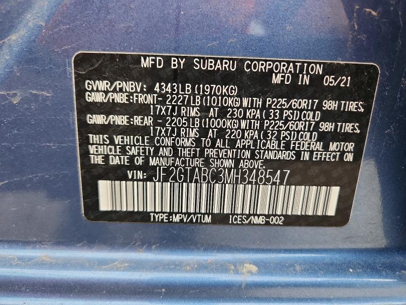 Продаж на аукціоні авто 2021 Subaru Crosstrek, vin: JF2GTABC3MH348547, номер лоту: 49433996