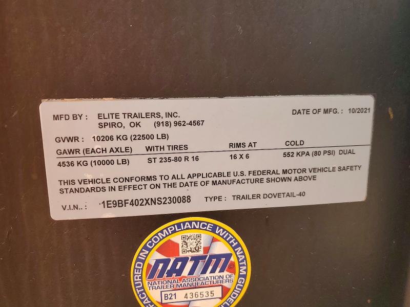 51148016 :رقم المزاد ، 1E9BF402XNS230088 vin ، 2022 Elite Trailer مزاد بيع
