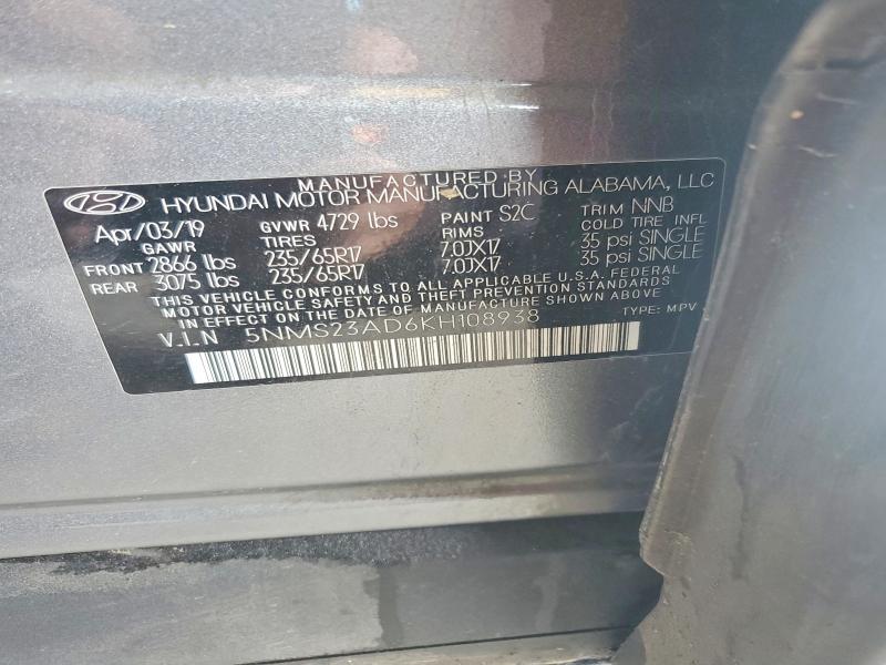 2019 Hyundai Santa Fe მანქანა იყიდება აუქციონზე, vin: 5NMS23AD6KH108938, აუქციონის ნომერი: 51371186