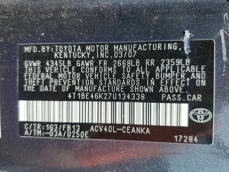 51993366 :رقم المزاد ، 4T1BE46K27U134338 vin ، 2007 Toyota Camry مزاد بيع