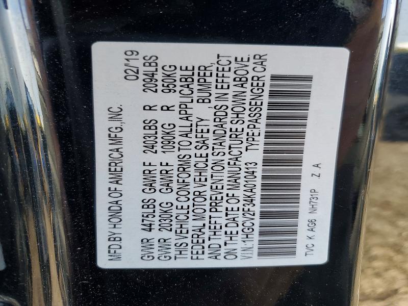 Продаж на аукціоні авто 2019 Honda Accord, vin: 1HGCV2F34KA010413, номер лоту: 50964276