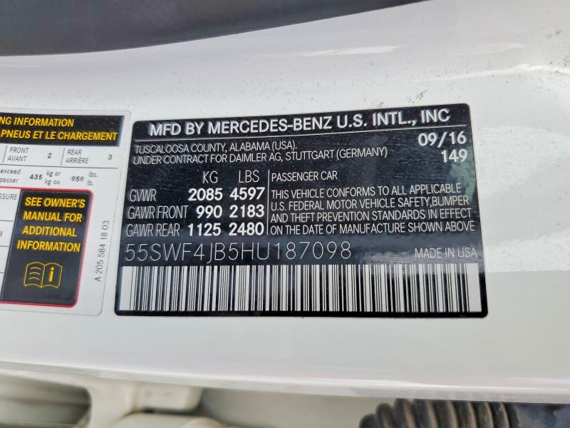 Aukcja sprzedaży 2017 Mercedes-benz C, vin: 55SWF4JB5HU187098, numer aukcji: 49761566