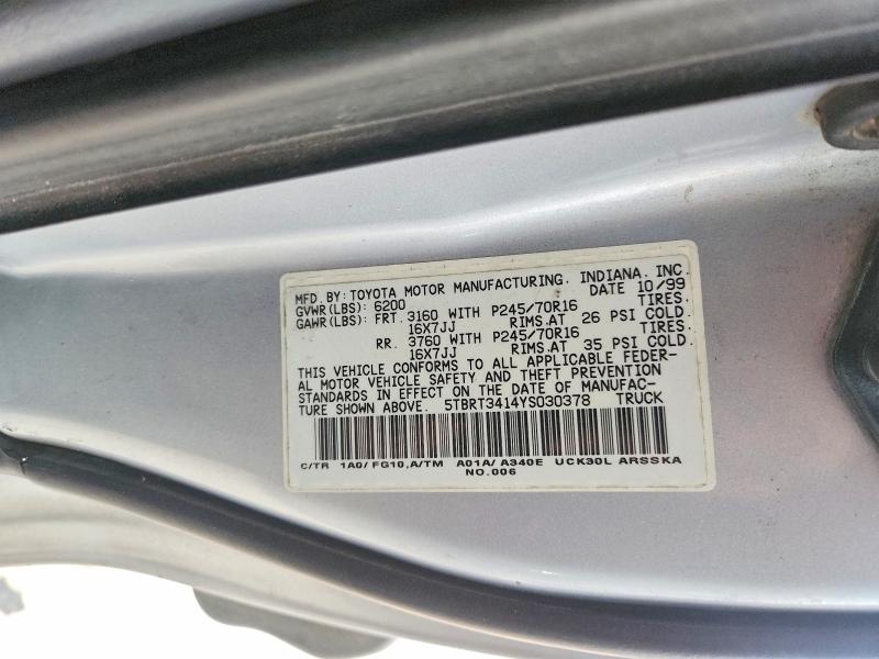 51604066 :رقم المزاد ، 5TBRT3414YS030378 vin ، 2000 Toyota Tundra مزاد بيع