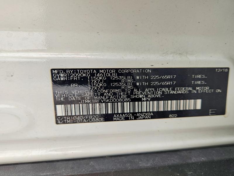 Aukcja sprzedaży 2019 Toyota Rav4, vin: JTMK1RFV5KD008085, numer aukcji: 51147816