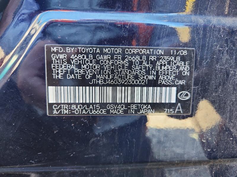 49296896 :رقم المزاد ، JTHBJ46G392300021 vin ، 2009 Lexus Es مزاد بيع
