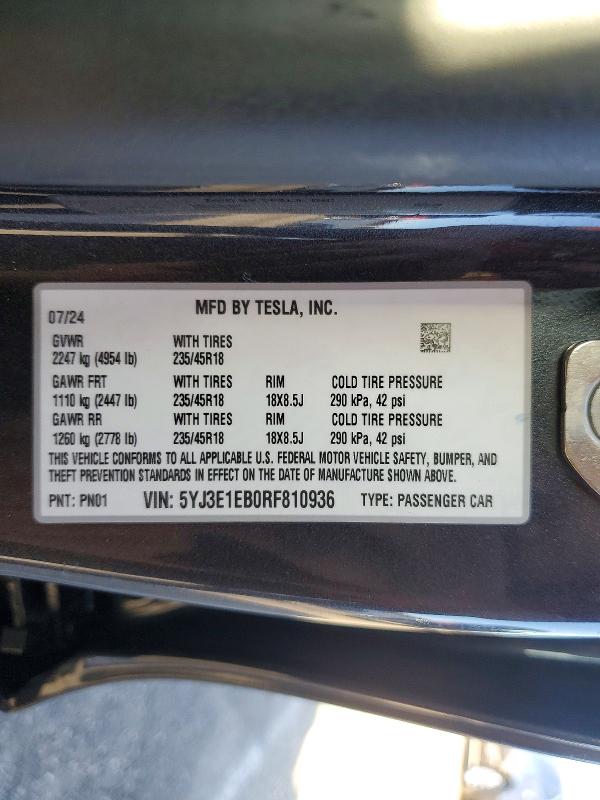 Продаж на аукціоні авто 2024 Tesla Model 3, vin: 5YJ3E1EB0RF810936, номер лоту: 50952686