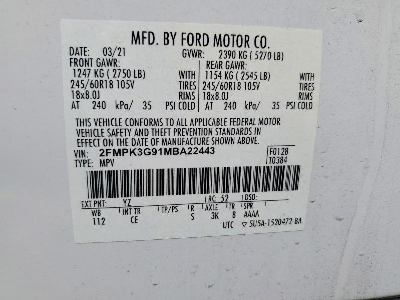 49544946 :رقم المزاد ، 2FMPK3G91MBA22443 vin ، 2021 Ford Edge مزاد بيع
