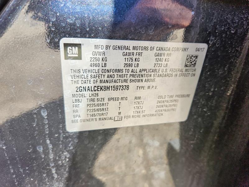 2017 Chevrolet Equinox მანქანა იყიდება აუქციონზე, vin: 2GNALCEK8H1597378, აუქციონის ნომერი: 50284546